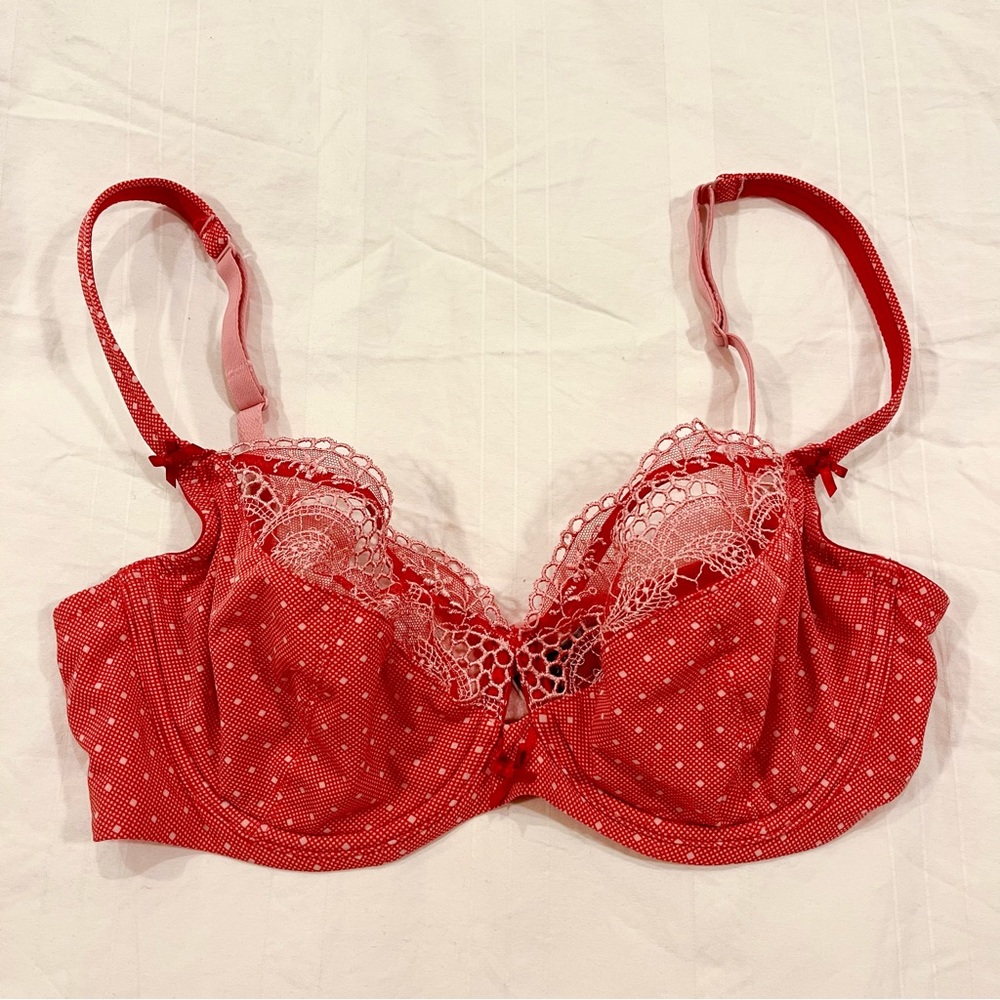 Victoria’s Secret Vintage Unlined Balconet Bra Red White Lace Polka Dot Size 34D
